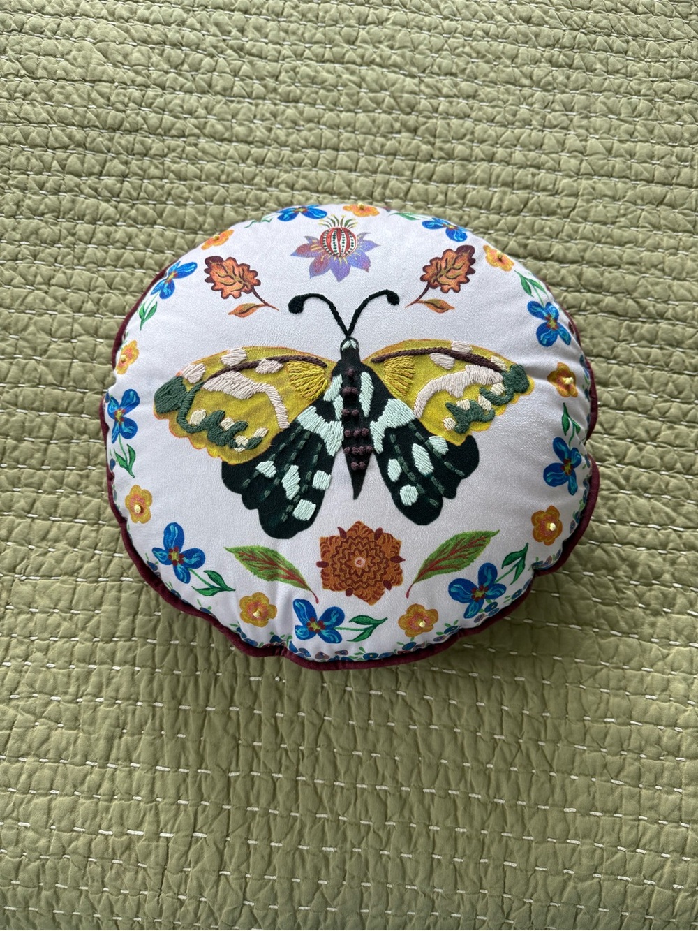 Anthropologie Round Pillow with Multicolor Embroidered Butterfly